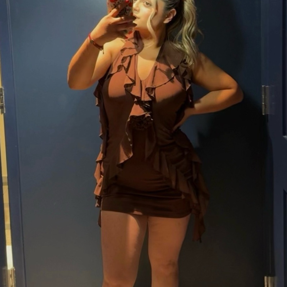 SHEIN Chic Brown Ruffle Mini Dress